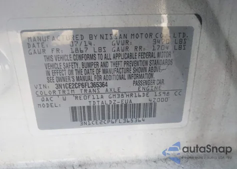 2015 Nissan Versa Note Sv из США, поврежденный, VIN 3N1CE2CP6FL365364